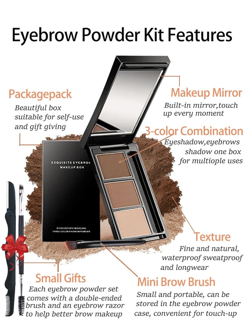 Eyebrow Powder Makeup Kit-3 Colors Eye Brow Powder Palette Long-Lasting Waterproof, Black Brown Series Brow Powder, Fill & Sculpt Full Eyebrows for Women, With Mirror, Brow Brush & Razor-Set 01