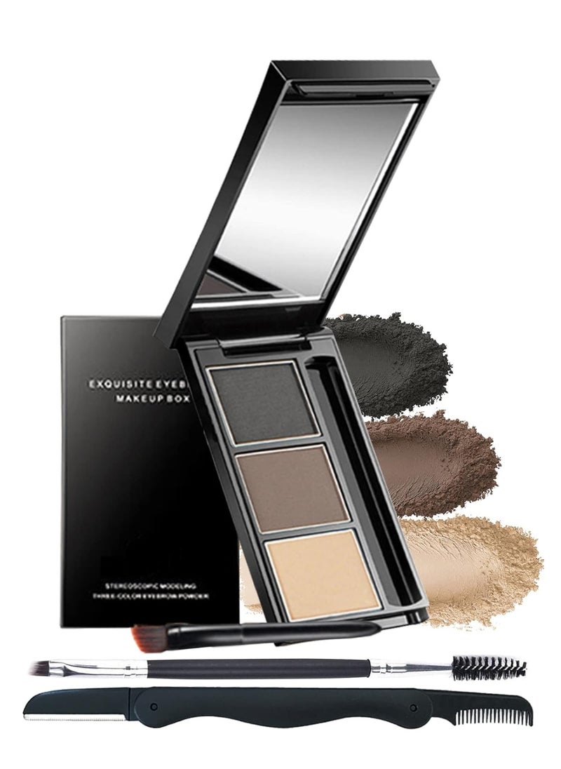Eyebrow Powder Makeup Kit-3 Colors Eye Brow Powder Palette Long-Lasting Waterproof, Grey Brown Series Brow Filler, Fill & Sculpt Full Eyebrows for Women, With Mirror, Brow Brush & Razor-Set 03