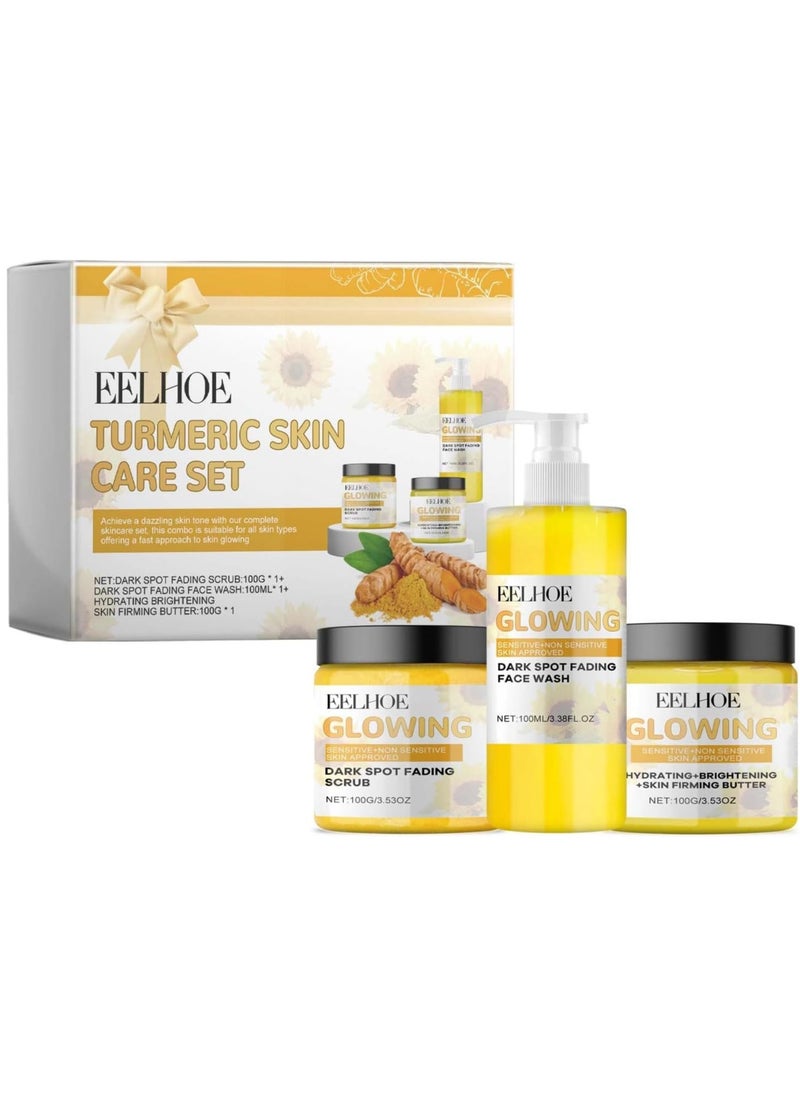 3 In 1 Turmeric Combo Skincare Set, Turmeric Skin Care Set-Turmeric Glow Combo Face Wash, Butter Moisturizer, Face Scrub, Natural Exfoliation & Hydration Glowing Skin