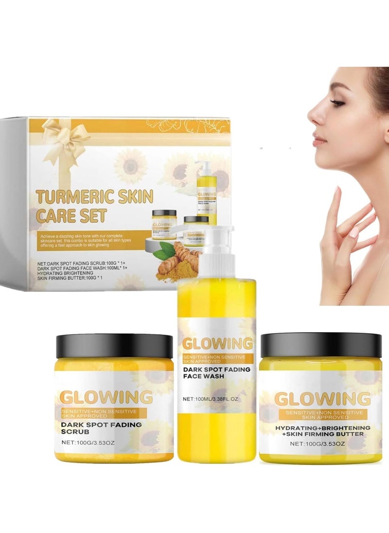 Turmeric Skincare Set - Glow Skincare Set with Face Wash, Face Cream, and Turmeric Glow Scrub, Natural Exfoliation, Hydration, and Skin Firming for a Radiant Complexion