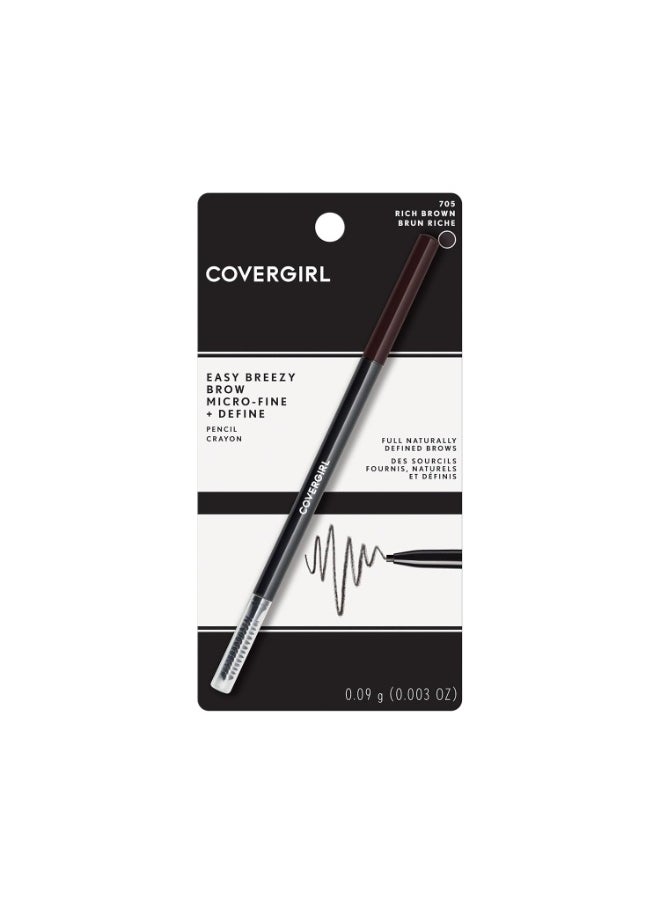 COVERGIRL - Easy Breezy Brow Micro-Fine + Define Pencil, Micro-fine tip, no sharpening required, Built-in spoolie-brush, 100% Cruelty-Free 705 - Rich Brown