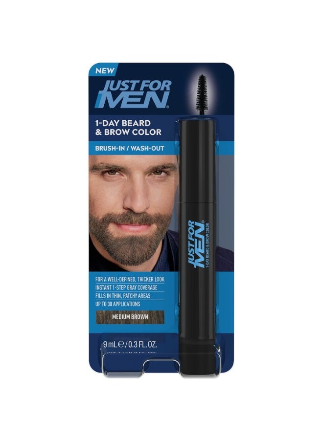 Just for Men 1-Day Beard & Brow Color, Temporary Color for Beard and Eyebrows, For a Fuller, Well-Defined Look, Up to 30 Applications, Medium Brown