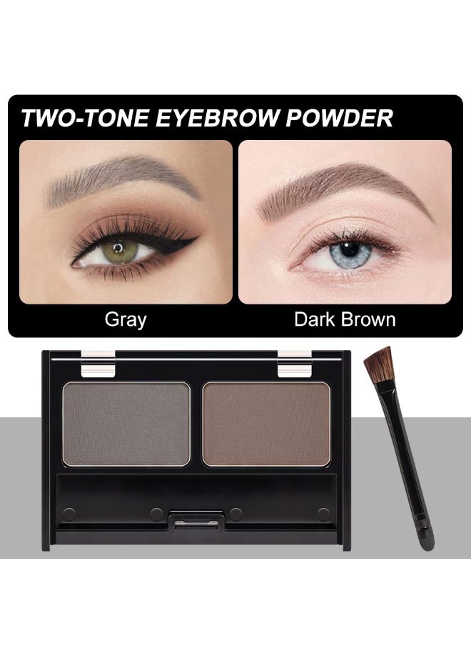 Brow Powder Kit,Long-Lasting Waterproof Two Colors Brow Filler Get Full Defined Natural Brows,Eyebrow Contour Palette with Double-ended Eyebrow Brush,sombra para cejas - Dark Brown+Grey