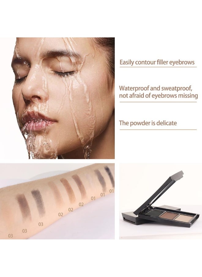 Eyebrow Powder Kit,Eye Brow Powder for Women Long-Lasting Waterproof Three Colors Brow Filler Get Full Defined Natural Brows,Eyebrow Contour Palette with Mirror & Eyebrow Brush,sombra para cejas Black+Dark Light Brown