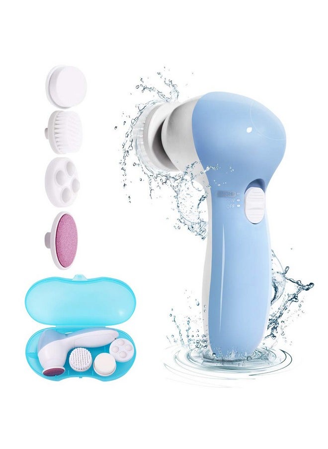 Face Cleansing Brush With Travel Case4In1 Set Waterproof Facial Cleansing Brush With 4 Exfoliating Brush Heads For Deep Cleansing (Blue)