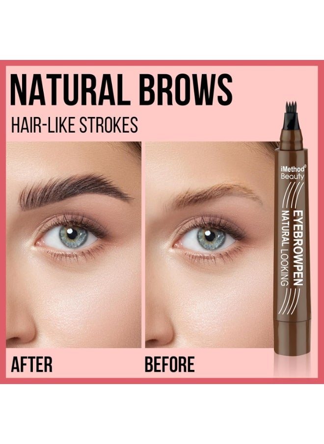 iMethod Eyebrow Pen - Eyebrow Pencil Magical Upgraded Eye Brow Pencils for Women with 4 Fork Tip & Spoolie Brush for Hair-Like Natural Brows, Last All-Day, Microblading Eyebrow Pen, Light Brown