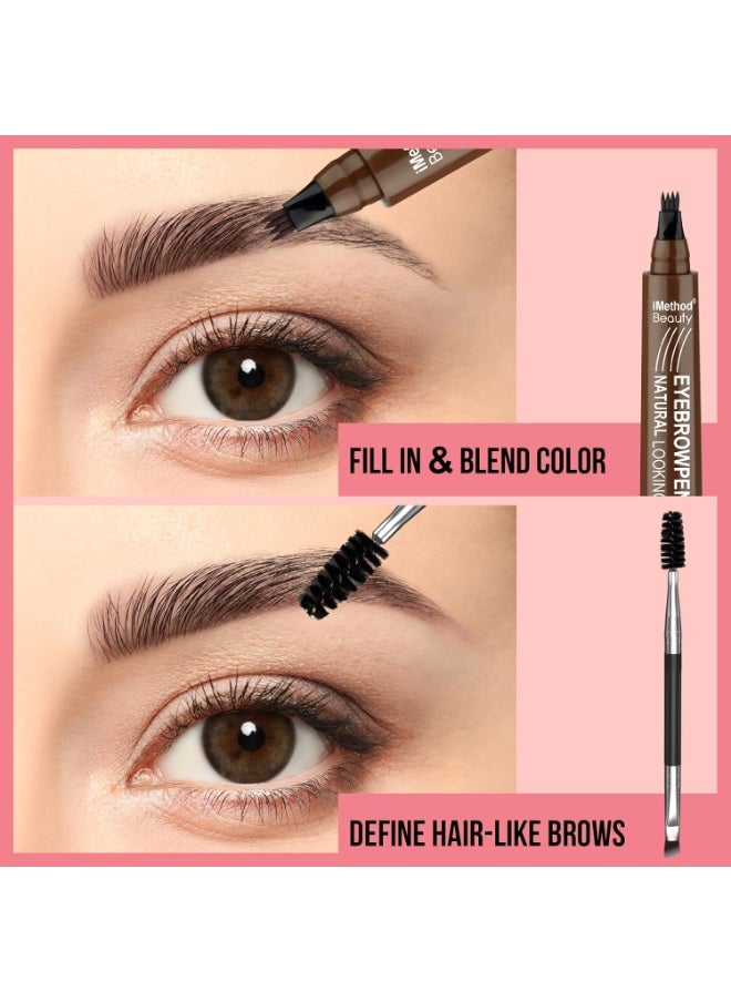 iMethod Microblading Eyebrow Pen - Eyebrow Pencil Magical Upgraded Eye Brow Pencils for Women with 4 Fork Tip & Spoolie Brush for Natural-Looking Hair-Like Defined Brows, Last All-Day, Black Brown