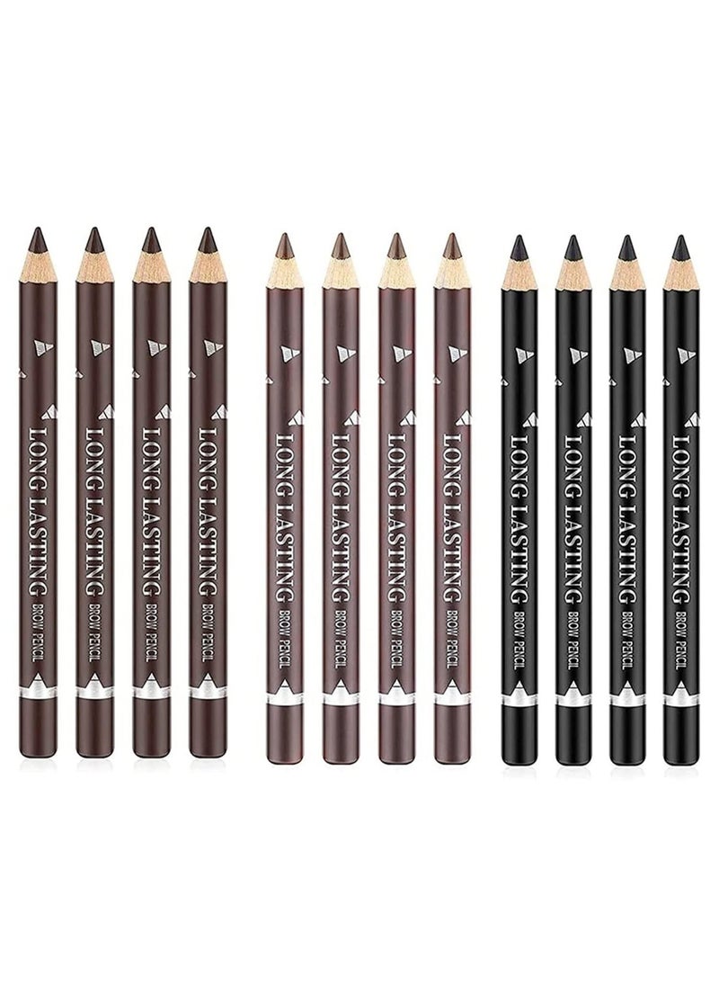 Go Ho 12 PCS Eyebrow Eyeliner Pencils,Black Brown Dark Brown Sweatproof Eye Brow Pencil,Long-lasting Eyeliner Makeup Brow Tint Sticks, 3 Colors Easy to Color（Black+ Brown+Dark Brown）