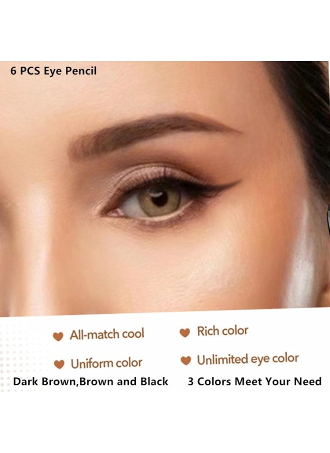 Go Ho 6 PCS Eyebrow Eye Liner Pencil Set,Easy to Color Sweatproof Eye Brow Pencil,Professional Long-lasting Eyeliner Gel Makeup Brow Tint Pen,3 Colors(Black,Brown,Dark Brown)