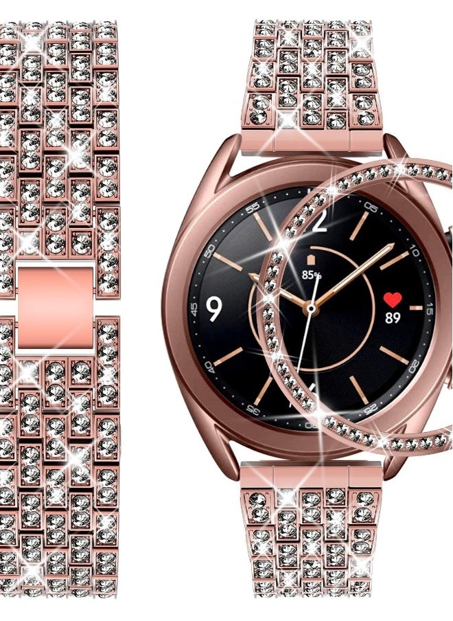 Rose Gold Replacement Watch Strap for Samsung Galaxy Watch 3 41MM, Diamond Band with Protective Shiny Bezel Ring for Women, Men, Girls, and Boys.