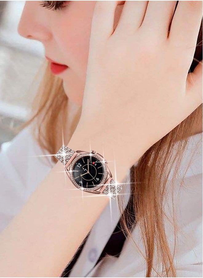 Rose Gold Replacement Watch Strap for Samsung Galaxy Watch 3 41MM, Diamond Band with Protective Shiny Bezel Ring for Women, Men, Girls, and Boys.
