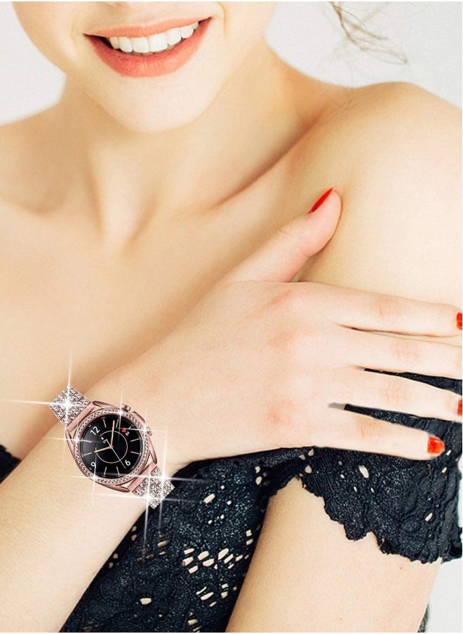Rose Gold Replacement Watch Strap for Samsung Galaxy Watch 3 41MM, Diamond Band with Protective Shiny Bezel Ring for Women, Men, Girls, and Boys.