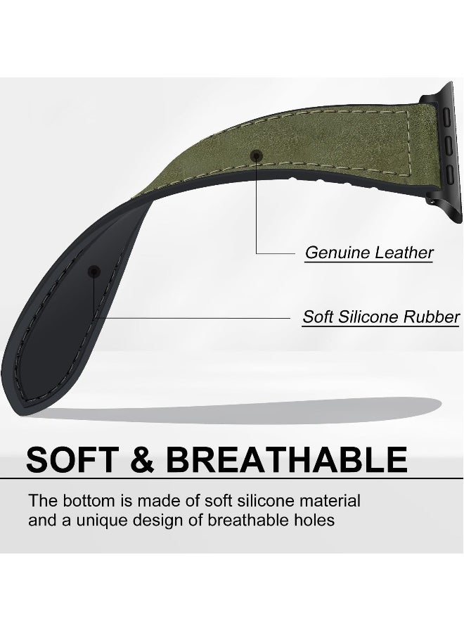 Genuine Leather Watch Band for Apple Watch Ultra and Series 7/8/9, 49mm/45mm/44mm/42mm, Stylish Green Strap with Magnetic Buckle