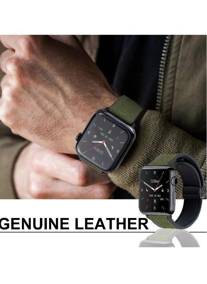 Genuine Leather Watch Band for Apple Watch Ultra and Series 7/8/9, 49mm/45mm/44mm/42mm, Stylish Green Strap with Magnetic Buckle