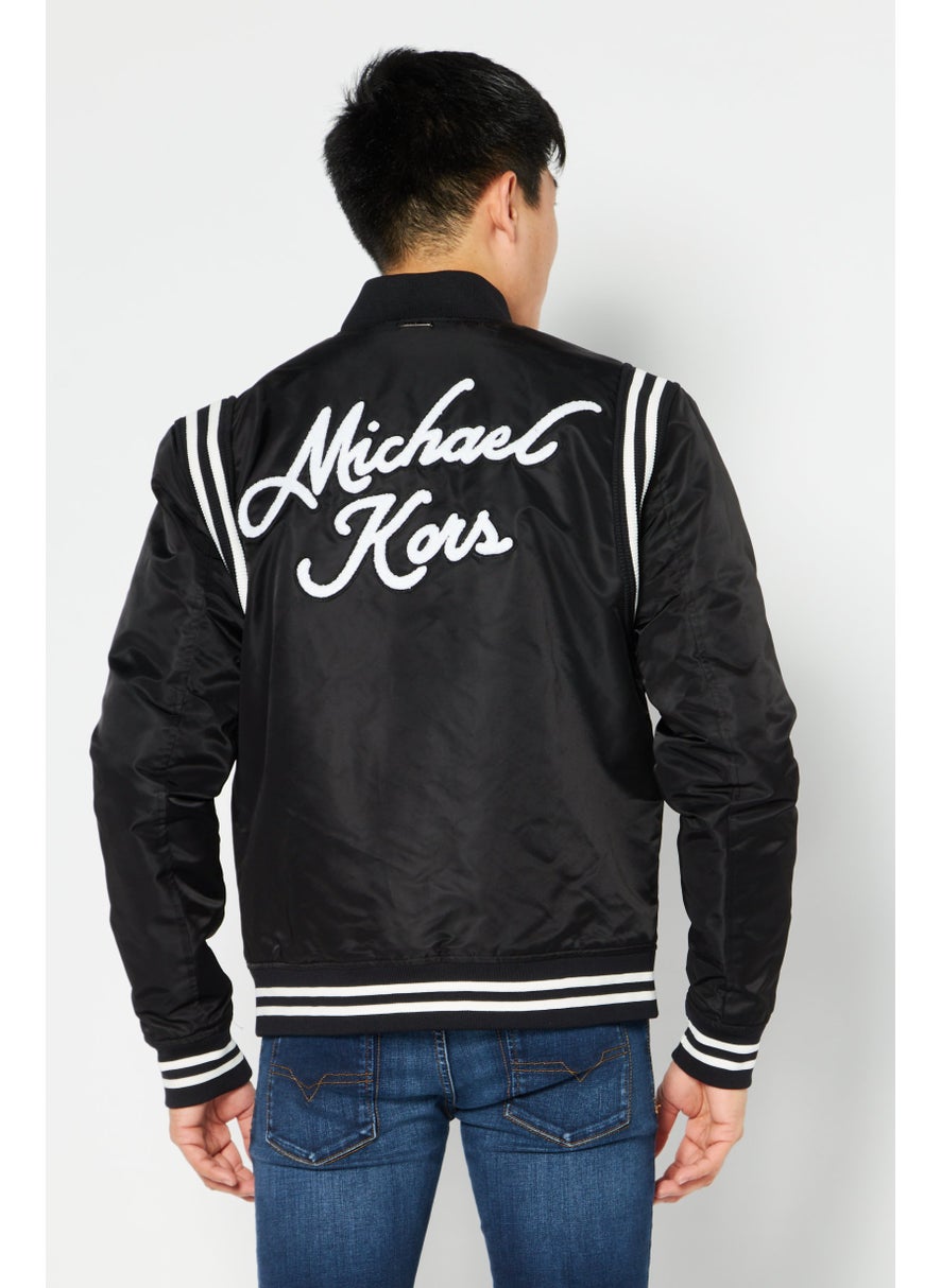 Men Brand Logo Long Sleeve Varsity Jacket, Black
