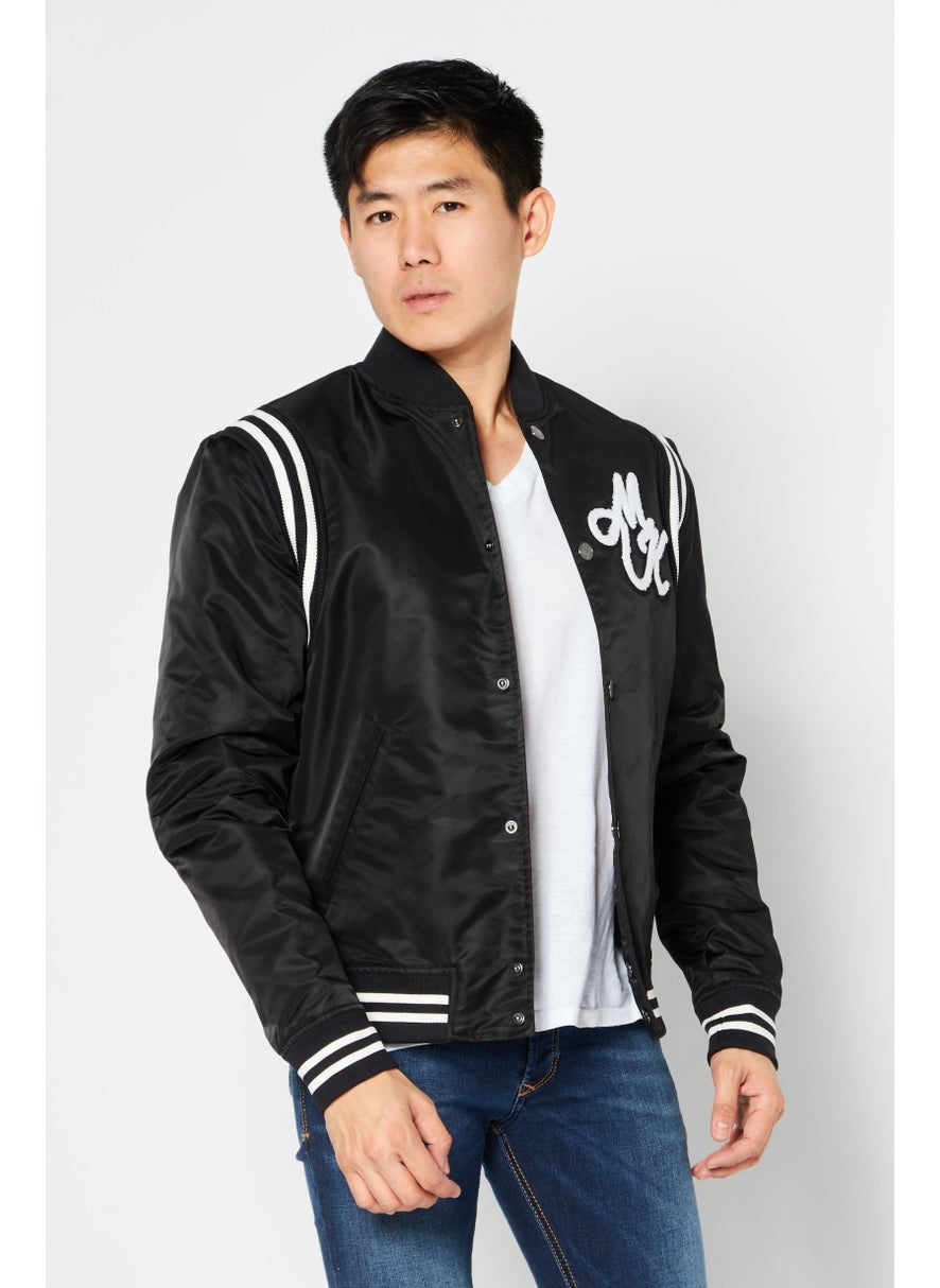 Men Brand Logo Long Sleeve Varsity Jacket, Black