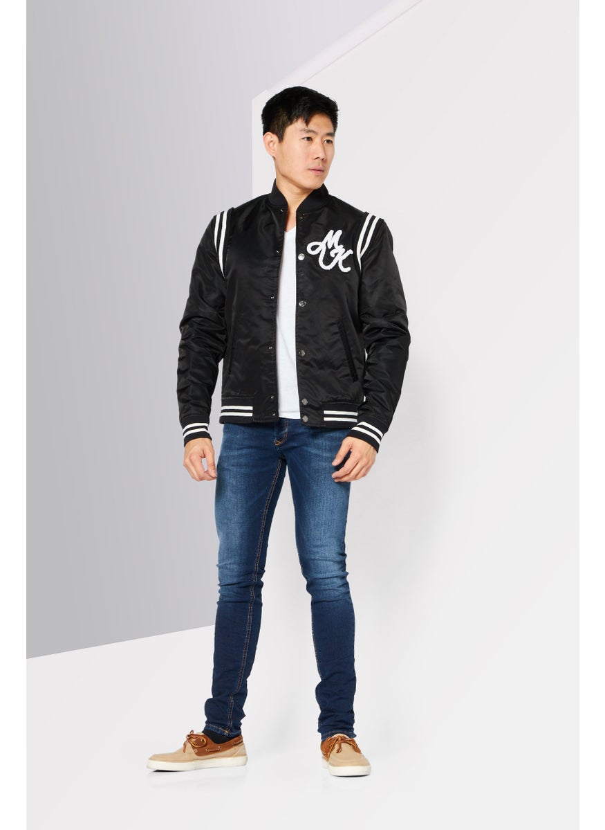 Men Brand Logo Long Sleeve Varsity Jacket, Black
