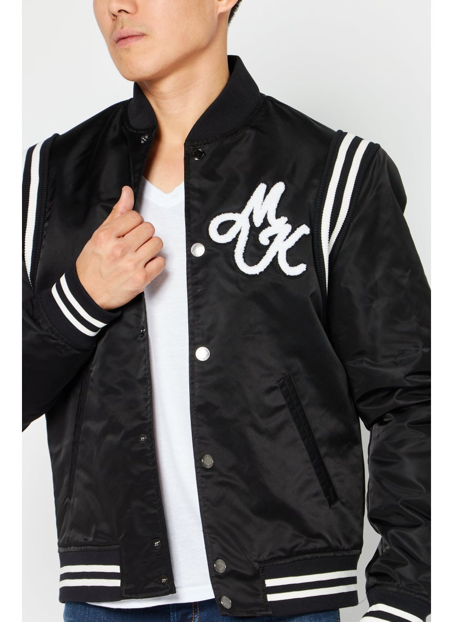 Men Brand Logo Long Sleeve Varsity Jacket, Black