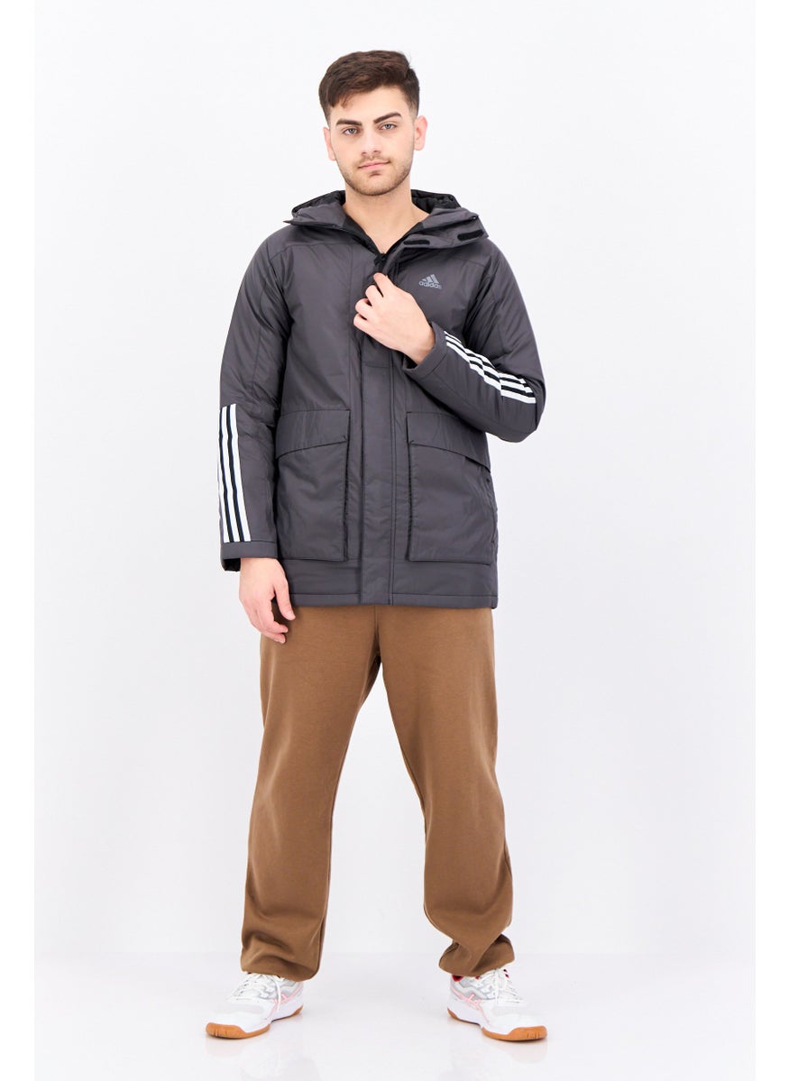 Men Sportswear Fit Brand Logo Outdoor Jacket, Black/Grey