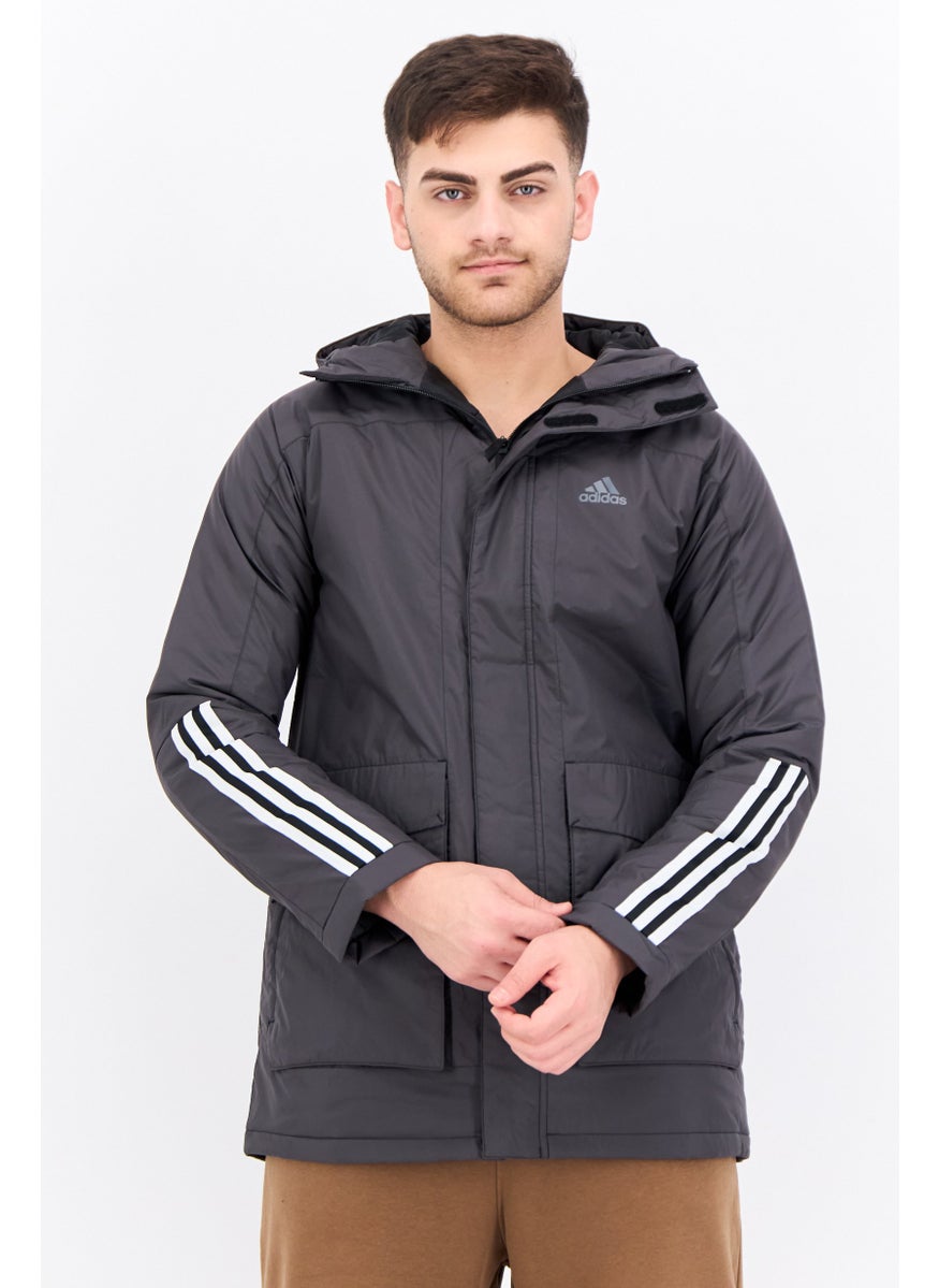 Men Sportswear Fit Brand Logo Outdoor Jacket, Black/Grey