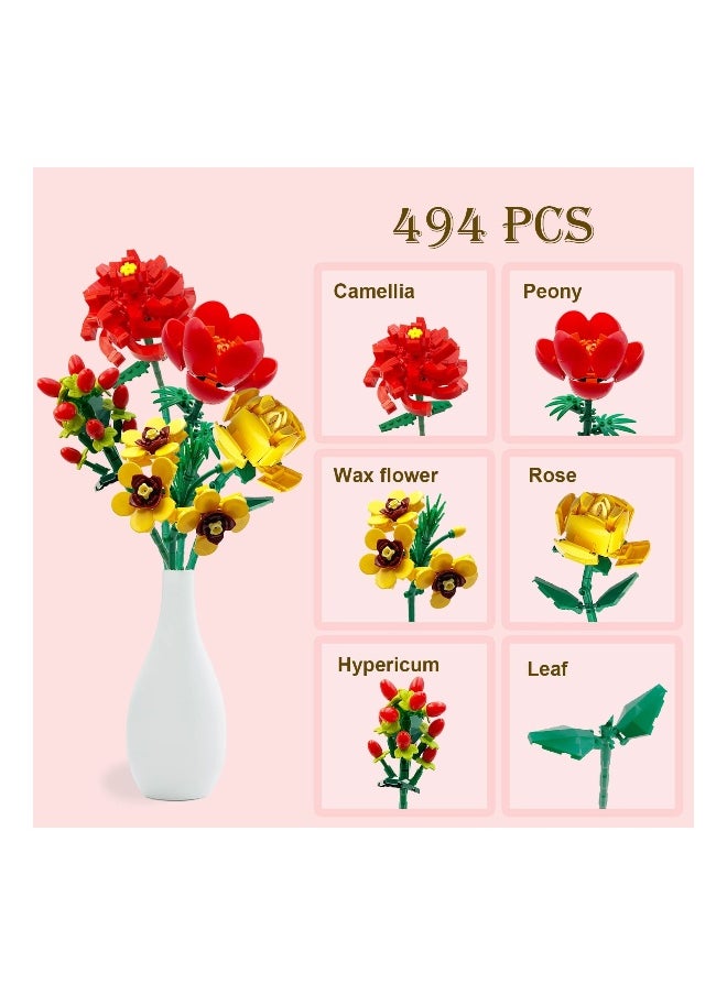 Adult Flower Building Kit - 494pcs Camellia Bouquet Building Blocks Set for Home Decor & Gifts, Artificial Floral Collection