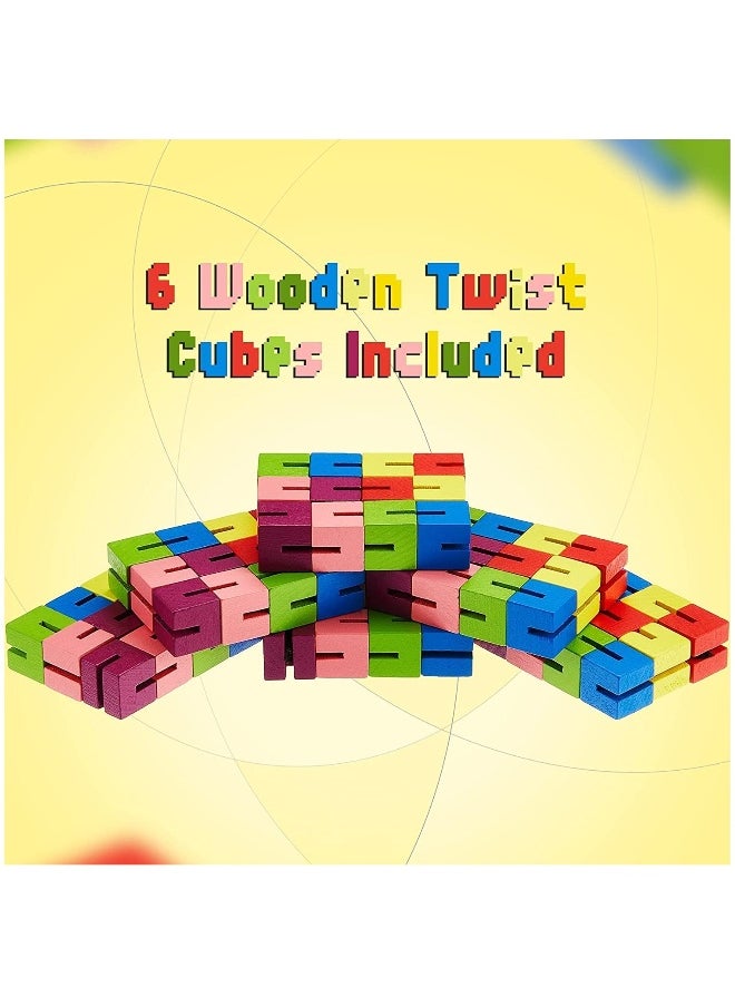 6 Pcs Wooden Fidget Toy Twist Block Cubes Puzzle Sensory Toys for Kids Birthday Party Gift and Supplies