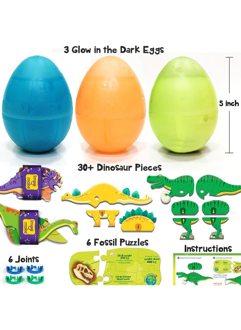 Mapology Glow In The Dark Dinos & Egg - Set Of 3 Eggs |3D Dinosaur Puzzle For Kids | Build And Play With Glowing Dinosaur Toys | Birthday And Return Gifts For Kids