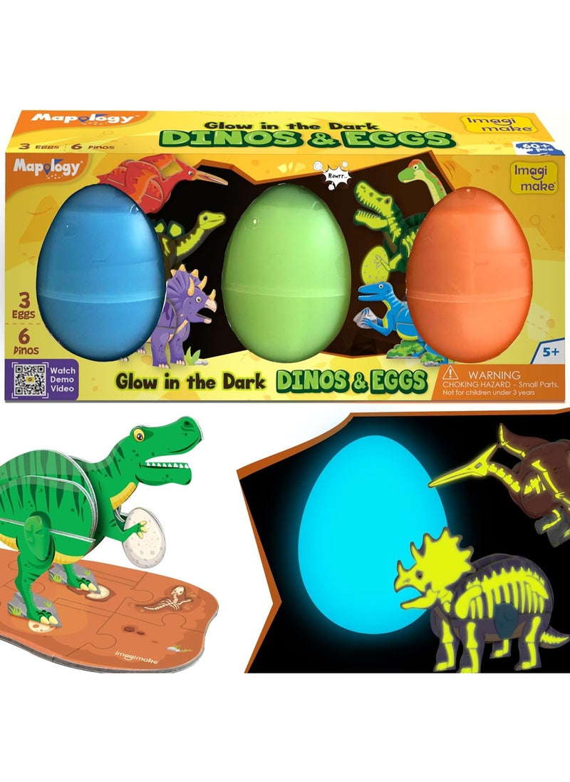 Mapology Glow In The Dark Dinos & Egg - Set Of 3 Eggs |3D Dinosaur Puzzle For Kids | Build And Play With Glowing Dinosaur Toys | Birthday And Return Gifts For Kids