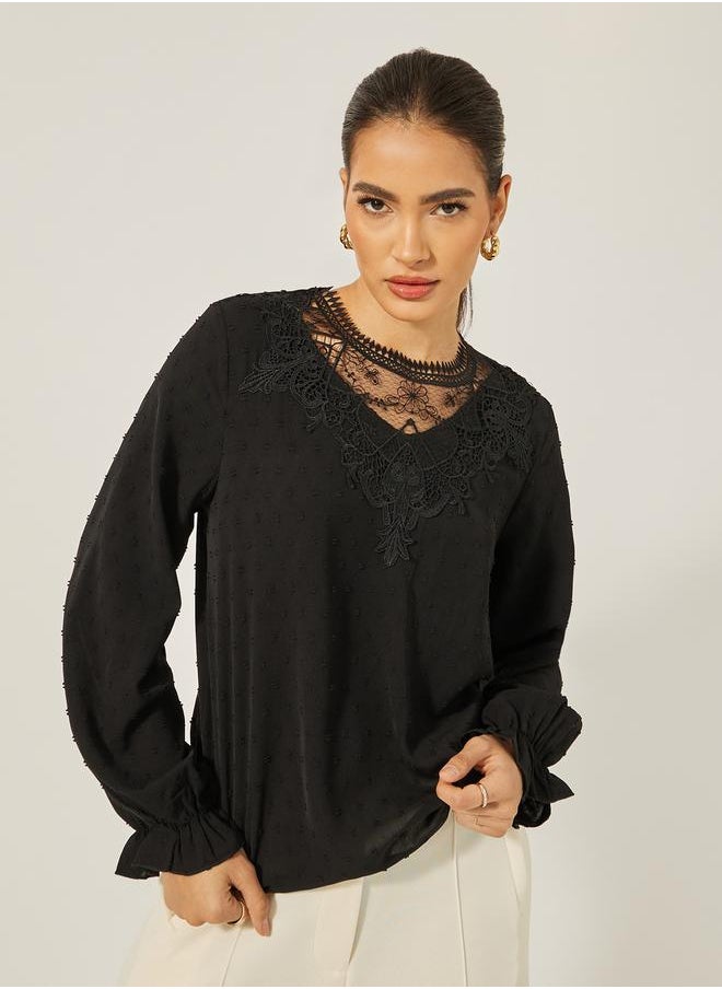 Textured Lace Insert Ruffled Sleeve Top