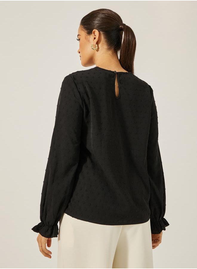Textured Lace Insert Ruffled Sleeve Top