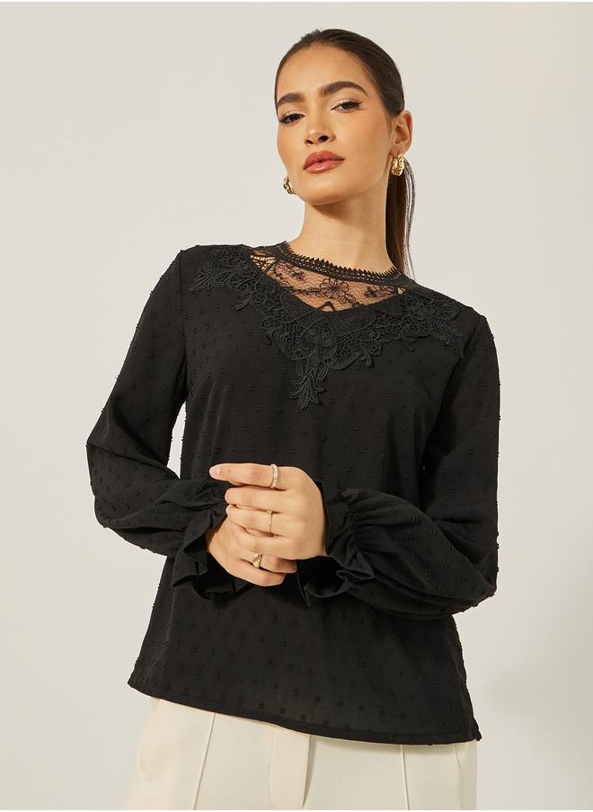 Textured Lace Insert Ruffled Sleeve Top