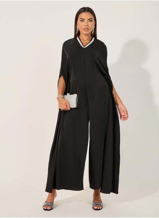 Embellished V Neck Wide Leg Cape Jumpsuit