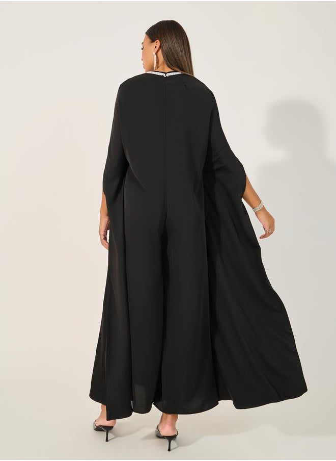 Embellished V Neck Wide Leg Cape Jumpsuit