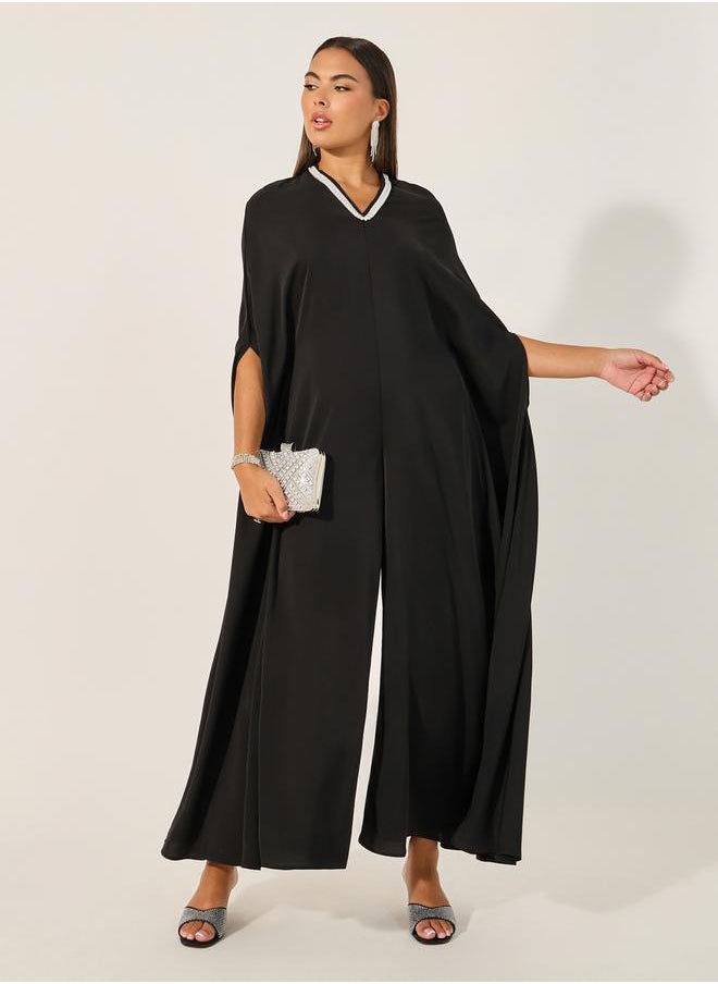Embellished V Neck Wide Leg Cape Jumpsuit