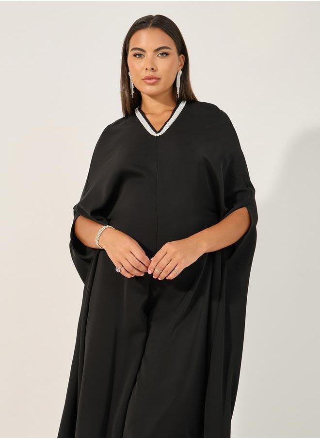 Embellished V Neck Wide Leg Cape Jumpsuit
