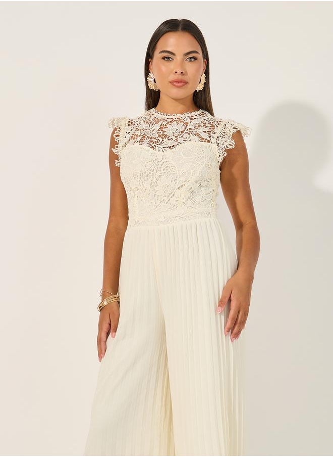 Lace Insert Frill Detail Pleated Wide Leg Jumpsuit