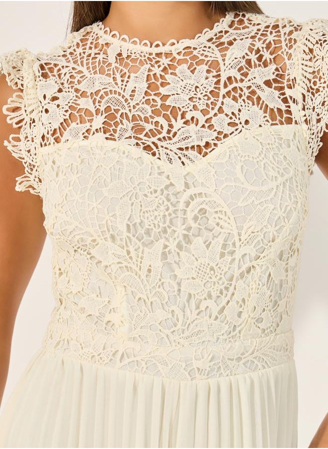 Lace Insert Frill Detail Pleated Wide Leg Jumpsuit