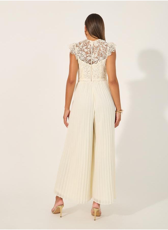 Lace Insert Frill Detail Pleated Wide Leg Jumpsuit