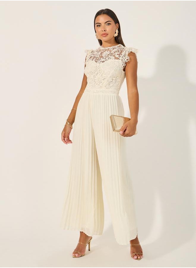 Lace Insert Frill Detail Pleated Wide Leg Jumpsuit