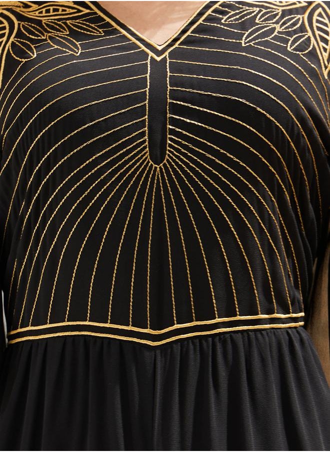 Plisse Wide Leg Embroidered V-Neck Jumpsuit