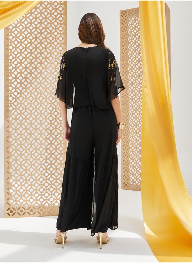 Plisse Wide Leg Embroidered V-Neck Jumpsuit