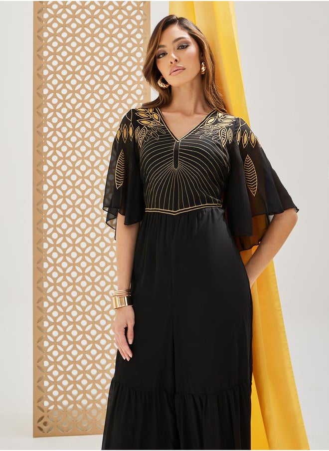 Plisse Wide Leg Embroidered V-Neck Jumpsuit