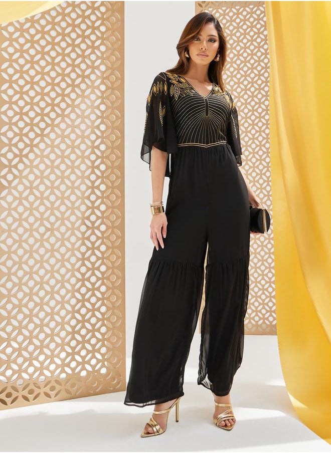 Plisse Wide Leg Embroidered V-Neck Jumpsuit