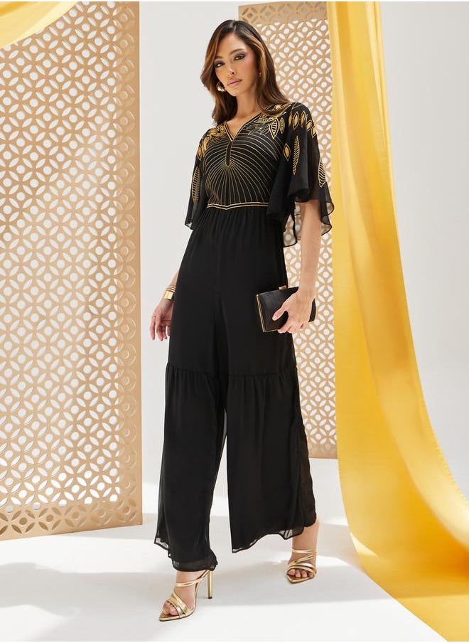 Plisse Wide Leg Embroidered V-Neck Jumpsuit