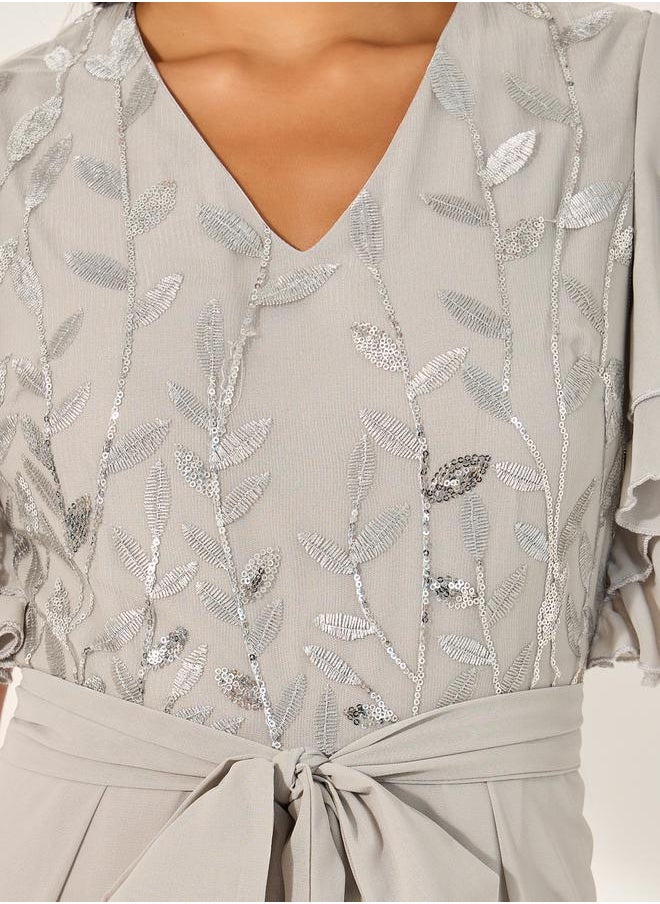 Embroidered Layered Ruffled Sleeves Wide Leg Jumpsuit