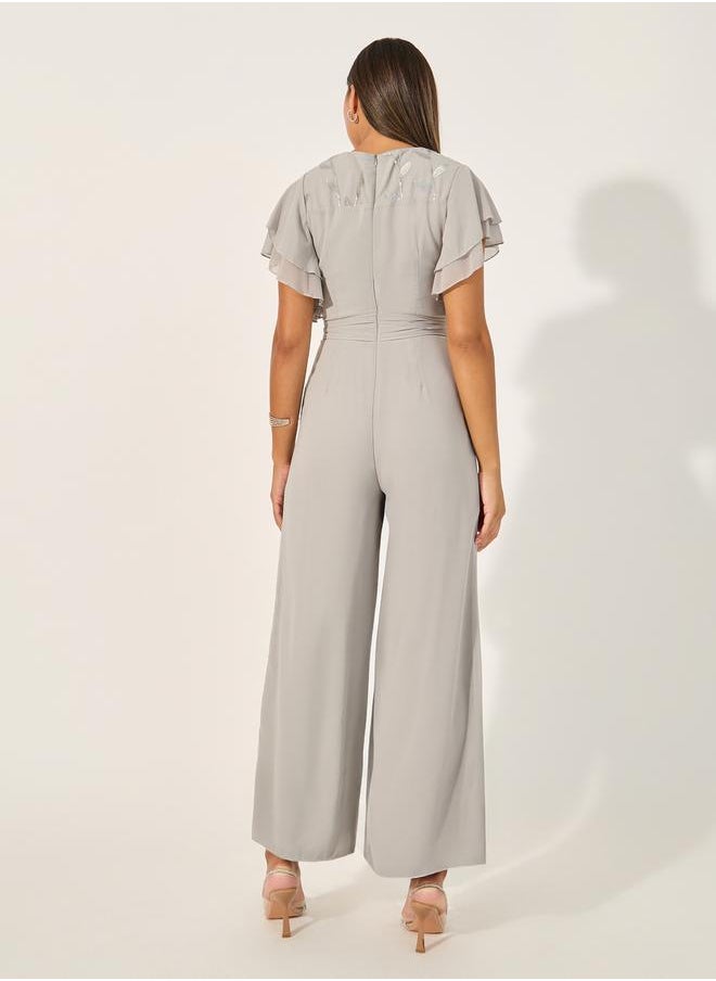 Embroidered Layered Ruffled Sleeves Wide Leg Jumpsuit