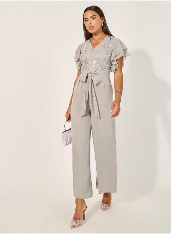 Embroidered Layered Ruffled Sleeves Wide Leg Jumpsuit