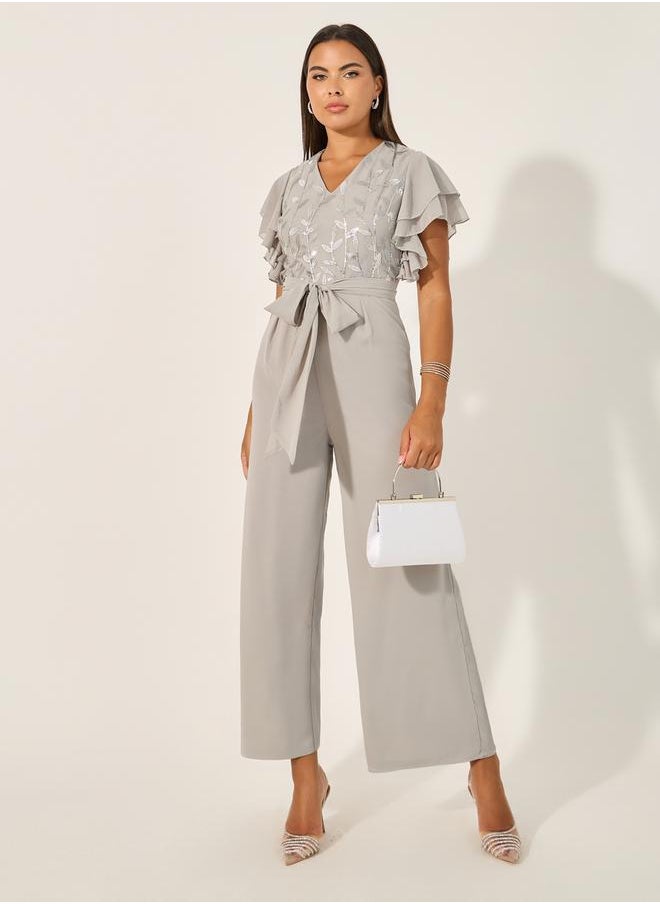 Embroidered Layered Ruffled Sleeves Wide Leg Jumpsuit
