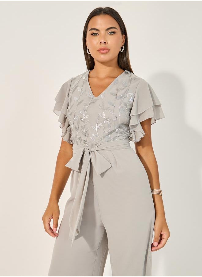 Embroidered Layered Ruffled Sleeves Wide Leg Jumpsuit