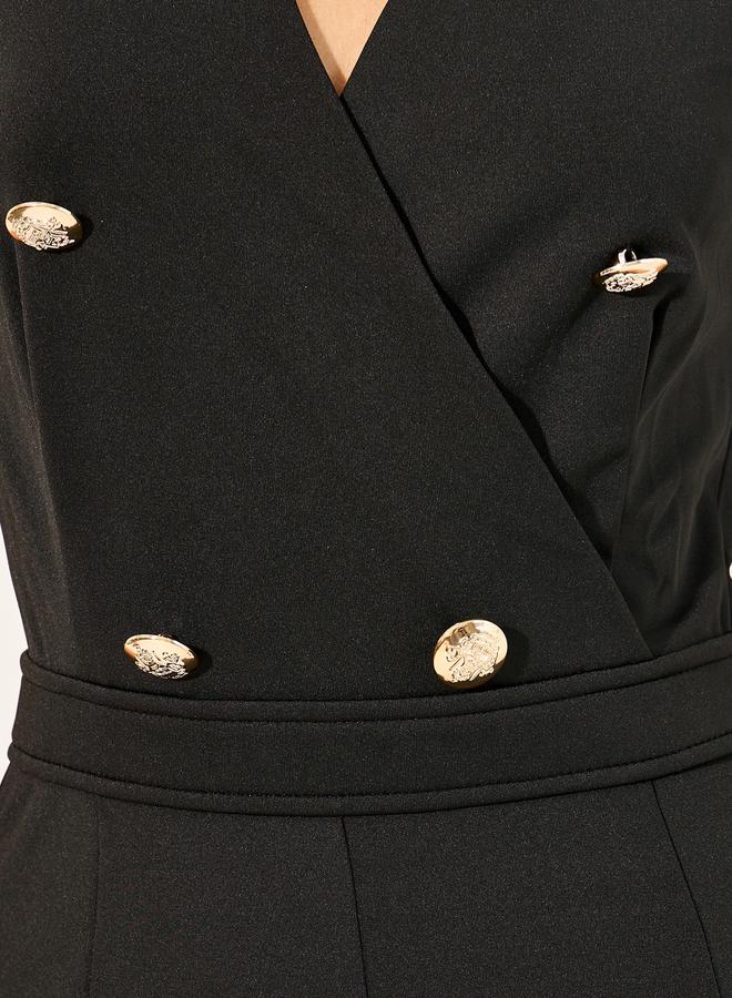 double breasted look tailored wide leg fit jumpsuit in stretchy knit fabric and gold coat buttons